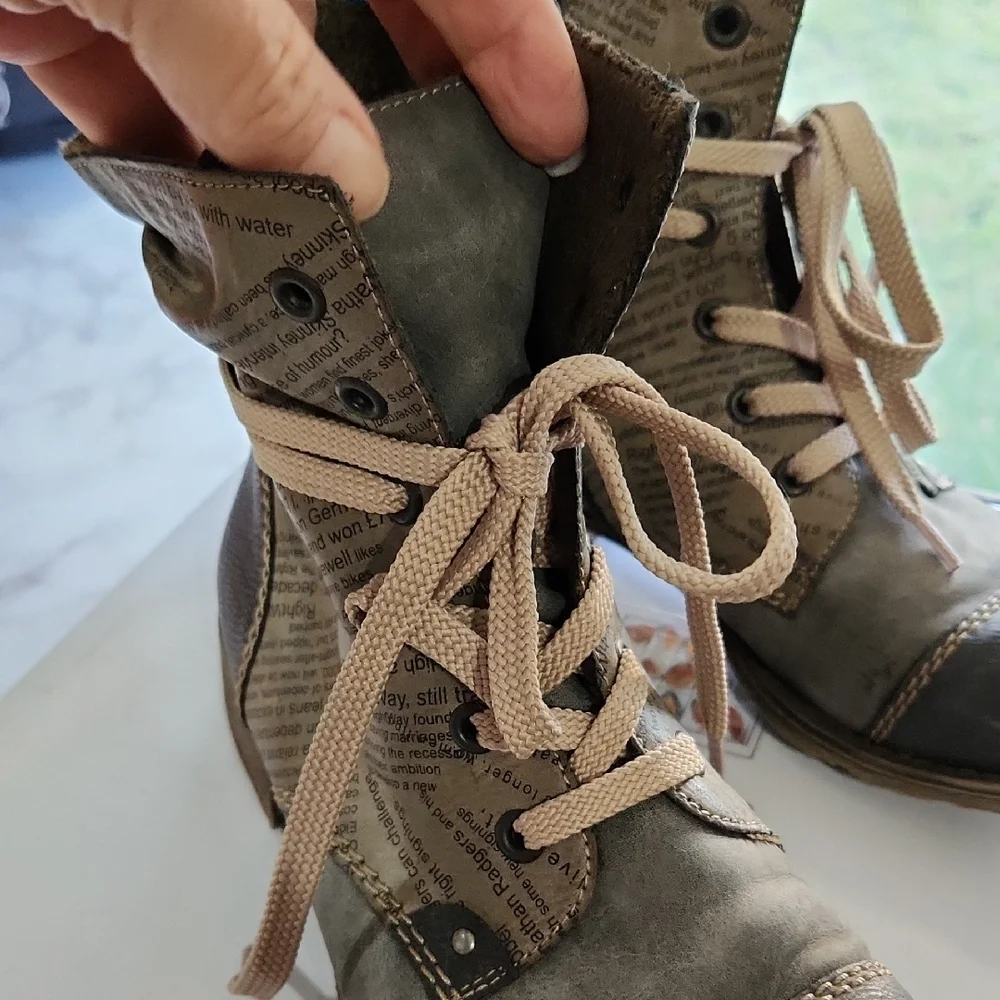 Rieker Women's Textured Lace-Up Combat Boots - Black and Gray - Picture 3 of 16